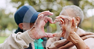 Senior, love and couple heart hands for trust, support and care together in outdoor forest, park or nature. Morning, man