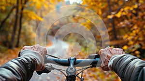 A senior male cyclist& x27;s hands gripping the handlebars as he rides along a scenic bike path