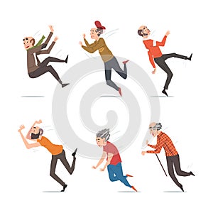 Senior Male and Female Character Falling Down on the Ground due to Slippery Road, Clumsiness or Health Problem Vector