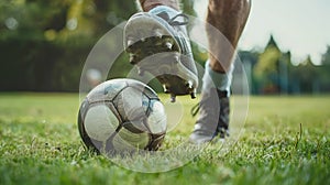 Senior male footballer& x27;s foot making contact with the ball during a match