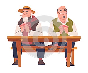 Senior Male Friends Playing Cards Game Sitting on Bench at Table Vector Illustration