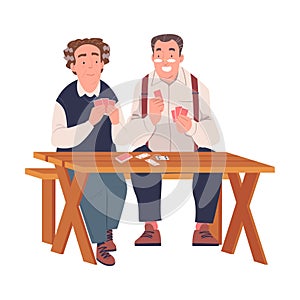 Senior Male Friends Playing Cards Game Sitting on Bench at Table Vector Illustration