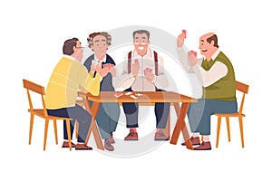 Senior Male Friends Playing Cards Game Sitting on Chair at Table Vector Illustration