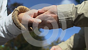 Senior male holding female hand outdoors, aged couple romance, love affection