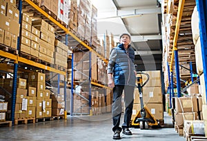 Senior male warehouse worker pulling a pallet truck.