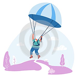 Senior Man Active Sport Lifestyle. Joyful Aged Pensioner Jumping with Parachute Flying in Sky. Extreme Sports Activity