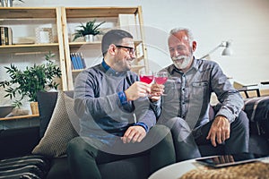 Senior man with adult son is celebrating with alcohol drink