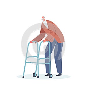 Senior Man, Aged Grandfather Moving with Help of Front-wheeled Walker. Male Character Use Walking Frame