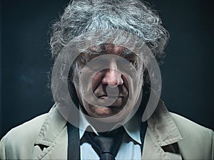 The senior man as detective or boss of mafia on gray studio background