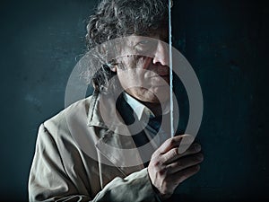 The senior man as detective or boss of mafia on gray studio background