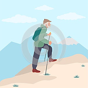 Senior man with backpack hiking outdoor in park. Old man walking with sticks. Isolated elderly man personage leading