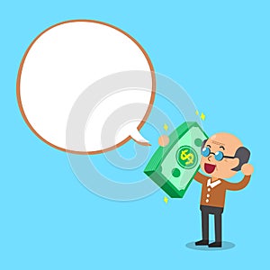 Senior man carrying big money stack with white speech bubble