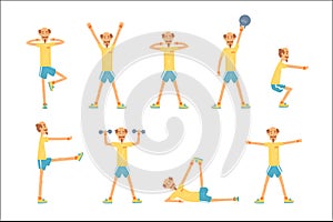 Senior man character exercising set, healthy active lifestyle retiree, elder fitness vector Illustrations