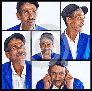 Senior, man and collage with funny expressions for comedy, humor or personality in montage. Elderly male person or