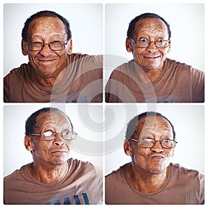 Senior, man and collage with funny faces for comedy, humor or personality in montage. Elderly male person with smile or