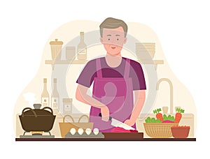 Senior Man Cooking Food in Kitchen for Cookery Concept Illustration