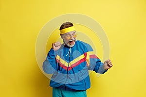 Senior Man Dancing Isolated. Portrait of Ecstatic Overjoyed Grandfather Dancing