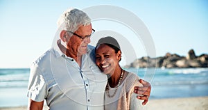 Senior man, daughter and happy on beach together, bonding and holiday vacation by sunset with lens flare. Father, woman