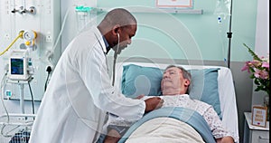 Senior man, doctor and hospital bed with patient, stethoscope and checkup for consultation, breathing or lungs. Health