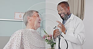 Senior man, doctor and hospital with good news from breathing check and stethoscope in a clinic. Elderly care, wellness