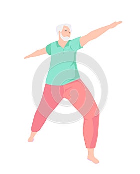 Senior man doing yoga exercises. Full length of mature character in warrior pose isolated on white background. Balance