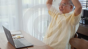 Senior man dressed wear eyeglasses sitting on chair working on laptop