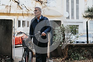 Senior man enjoying a leisurely walk with his bicycle in urban setting.