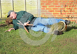 Senior man fallen over. Garden accident.