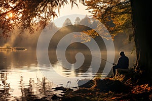 Senior man fishing on the lake on sunny autumn evening. Elderly fisherman spending time in nature. Leisure and hobbies for retired