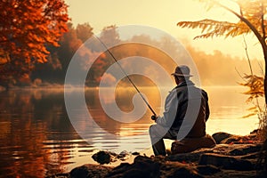 Senior man fishing on the lake on sunny autumn evening. Elderly fisherman spending time in nature. Leisure and hobbies for retired