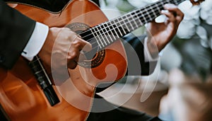 Senior man in formal attire playing acoustic guitar classic live music performance