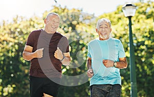 Senior man, friends and running in park for exercise or outdoor training together in nature. Happy mature people in body
