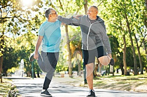 Senior man, friends and stretching in nature for running, exercise or outdoor training together at park. Mature people