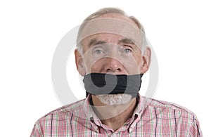 Senior man with gag over mouth