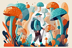 Senior man gathering mushrooms on bright background, created with Generative AI technology