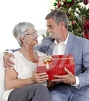 Senior man giving a Christmas present to his wife