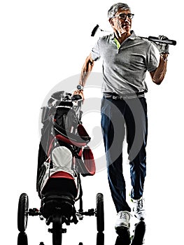 Senior man golfer golfing shadow silhouette isolated white back