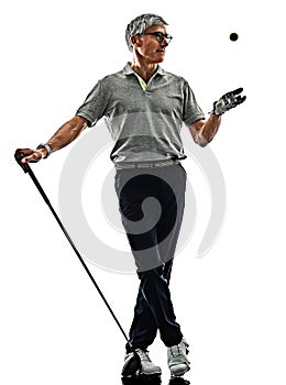 Senior man golfer golfing shadow silhouette isolated white back