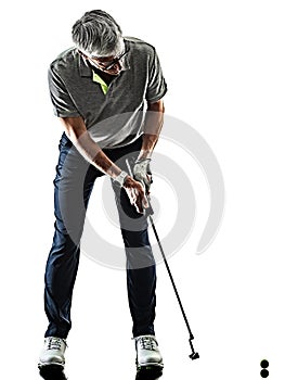 Senior man golfer golfing shadow silhouette isolated white back