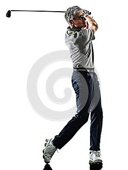 Senior man golfer golfing shadow silhouette isolated white back