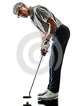 Senior man golfer golfing shadow silhouette isolated white back