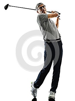 Senior man golfer golfing  shadow silhouette isolated white back