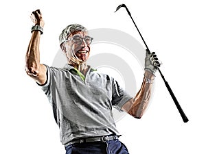 Senior man golfer golfing  shadow silhouette isolated white back