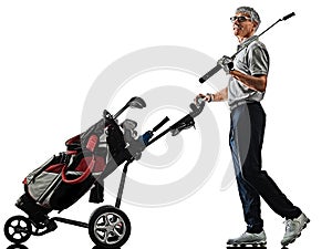 Senior man golfer golfing  shadow silhouette isolated white back