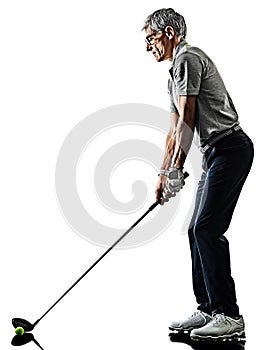 Senior man golfer golfing shadow silhouette isolated white back