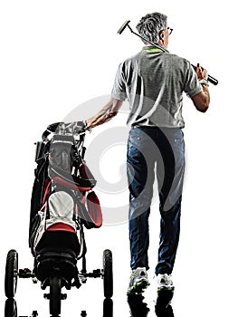 Senior man golfer golfing shadow silhouette isolated white back