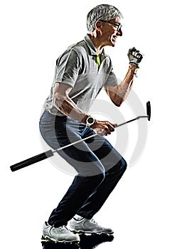 Senior man golfer golfing shadow silhouette isolated white back