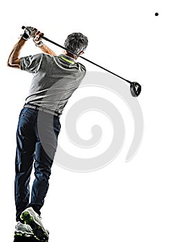 Senior man golfer golfing shadow silhouette isolated white back