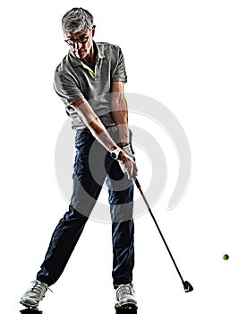 Senior man golfer golfing shadow silhouette isolated white background