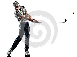 Senior man golfer golfing shadow silhouette isolated white background